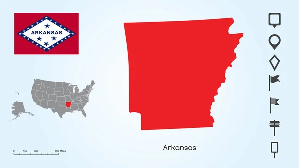 带有选择阿肯色州和阿肯色州标志的美国地图，带有定位器集合 — 图库矢量图片