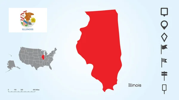 Mapa de los Estados Unidos con la Bandera Seleccionada del Estado de Illinois e Illinois con la Colección Localizador — Vector de stock