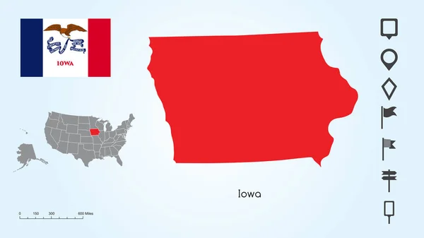 带有"所选爱荷华州"和"爱荷华州"标志的美国地图，带有定位器集合 — 图库矢量图片