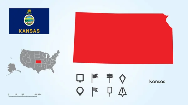 带有堪萨斯州和堪萨斯州标志的"美国地图"和"定位器"集合 — 图库矢量图片