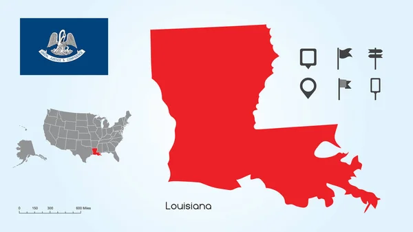 Mappa degli Stati Uniti con lo Stato Selezionato della Louisiana e della Louisiana Bandiera con Locator Collection — Vettoriale Stock