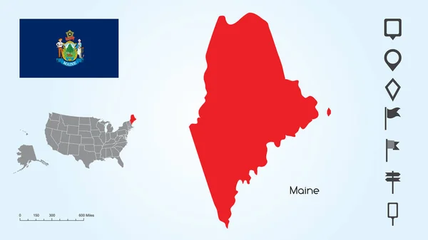 Mapa de Estados Unidos con la Bandera Seleccionada de Maine y Maine con la Colección Localizador — Archivo Imágenes Vectoriales