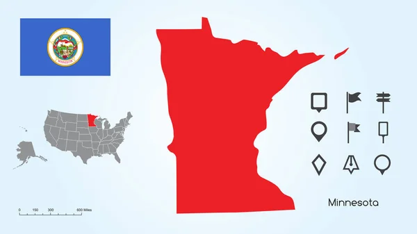 带有所选明尼苏达州和明尼苏达州标志的美国地图，带有定位器集合 — 图库矢量图片