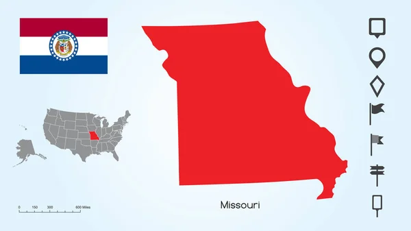 带有精选的密苏里州和密苏里州国旗的地图，带有定位器集合 — 图库矢量图片