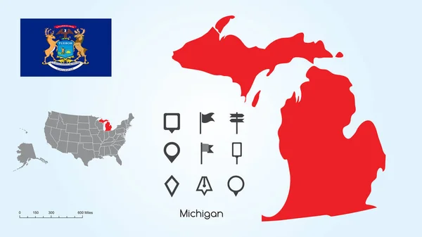 Mapa Spojených států s vybraným stavem Michiganu a Michiganskou vlajkou s kolekcí lokátoru — Stockový vektor