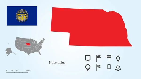 Мапа США з вибраним станом Небраска і Небраска прапор з локатор колекції — стоковий вектор
