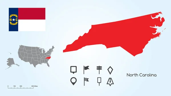 Karta över USA med det valda tillståndet i North Carolina och North Carolina Flag med Locator Collection — Stock vektor
