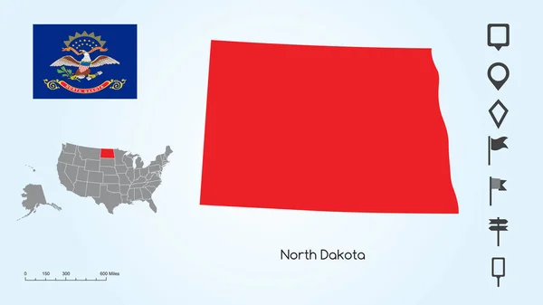 带有北达科他州和北达科他州标志的美国地图，带有定位器集合 — 图库矢量图片