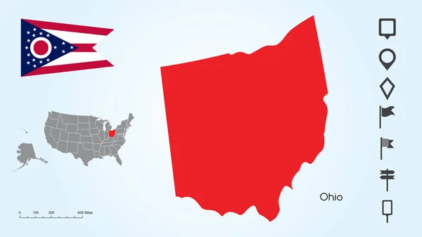 Mapa dos Estados Unidos com a Bandeira Selecionada do Estado de Ohio e Ohio com Coleção de Localizadores —  Vetores de Stock