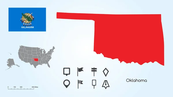 Locator Koleksiyonu ile Oklahoma Ve Oklahoma Bayrağı Seçilmiş Devlet ile Amerika Birleşik Devletleri Haritası — Stok Vektör