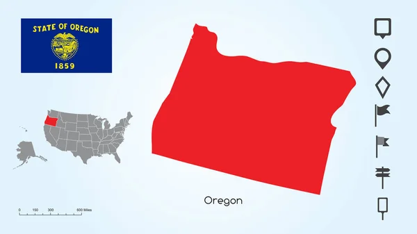 Locator Koleksiyonu ile Oregon Ve Oregon Bayrağı Seçilmiş Devlet ile Amerika Birleşik Devletleri Haritası — Stok Vektör