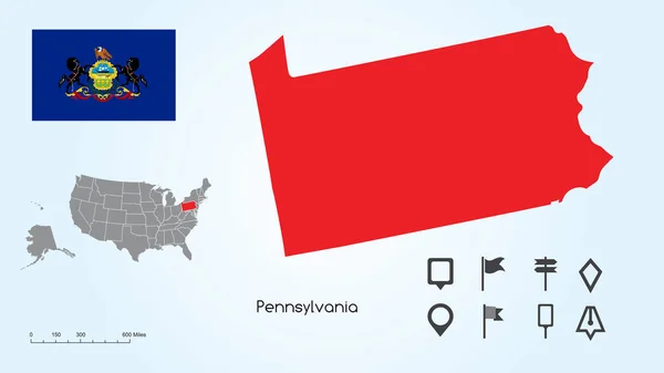 Karta över USA med det valda tillståndet i Pennsylvania och Pennsylvania flagga med Locator samling — Stock vektor