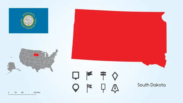 Χάρτης των Ηνωμένων Πολιτειών με την επιλεγμένη πολιτεία της Νότιας Ντακότα και τη σημαία της Νότιας Ντακότα με τη συλλογή εντοπισμού — Διανυσματικό Αρχείο