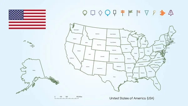 Χάρτης των Ηνωμένων Πολιτειών της Αμερικής περίγραμμα για κάθε χώρα με τις Ηνωμένες Πολιτείες συλλογή σημαία και εντοπισμού — Διανυσματικό Αρχείο