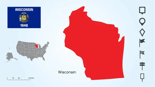 Mapa Spojených států s vybraným státem Wisconsin a Wisconsinská vlajka se sběrem lokátoru — Stockový vektor