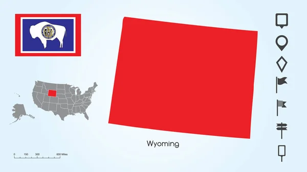 带定位器集合的怀俄明州和怀俄明州国旗精选美国地图 — 图库矢量图片