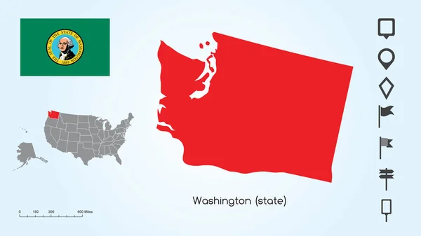 Mapa Spojených států s vybraným státem washingtonského a washingtonského příznaku se sbírkou lokátoru — Stockový vektor