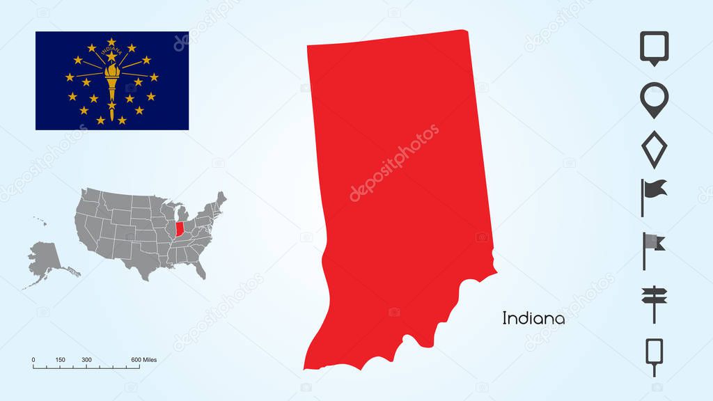 Map of The United States with the Selected State of Indiana And Indiana Flag with Locator Collection