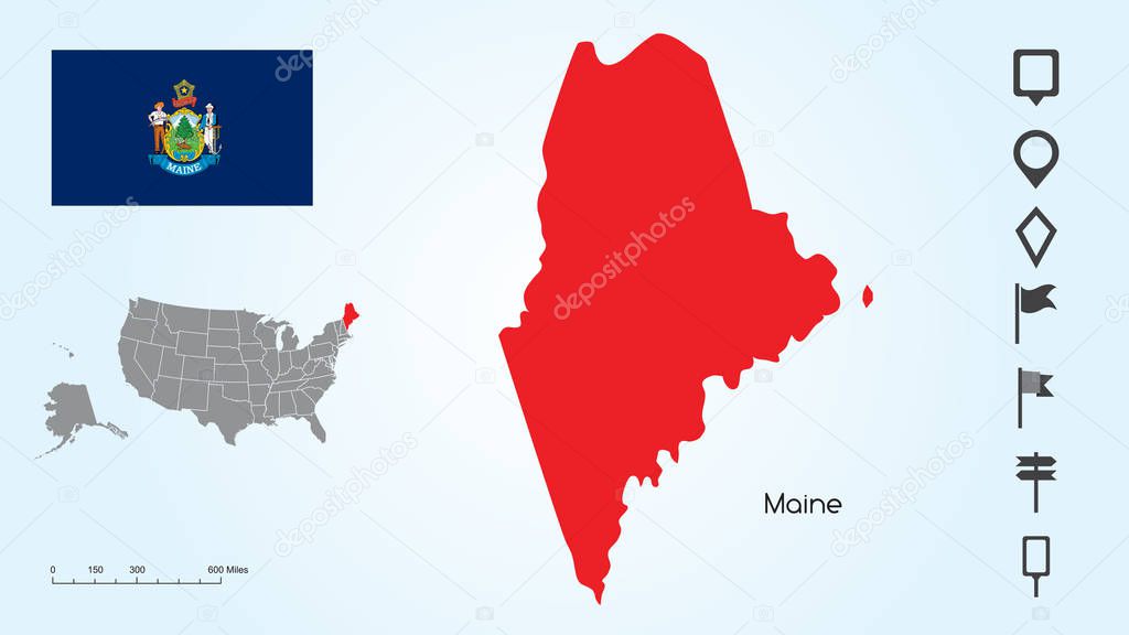 Map of The United States with the Selected State of Maine And Maine Flag with Locator Collection