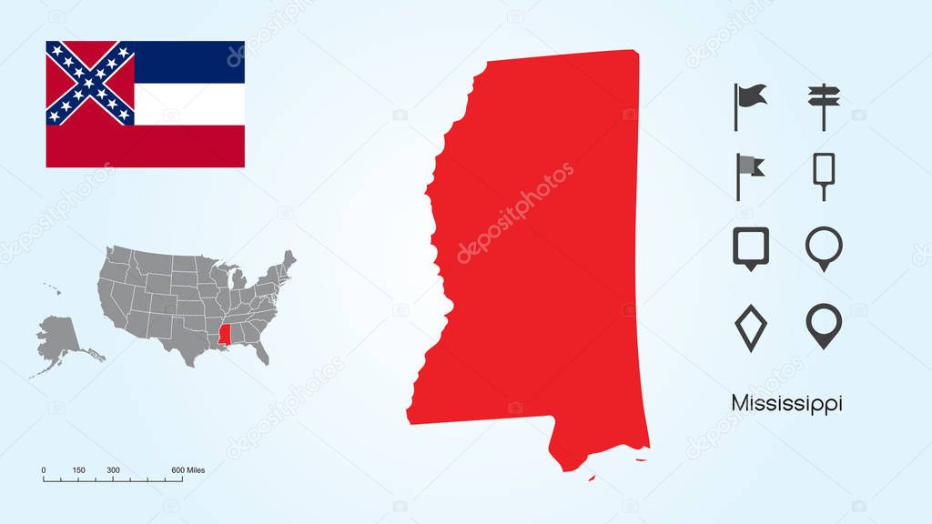 Map of The United States with the Selected State of Mississippi And Mississippi Flag with Locator Collection