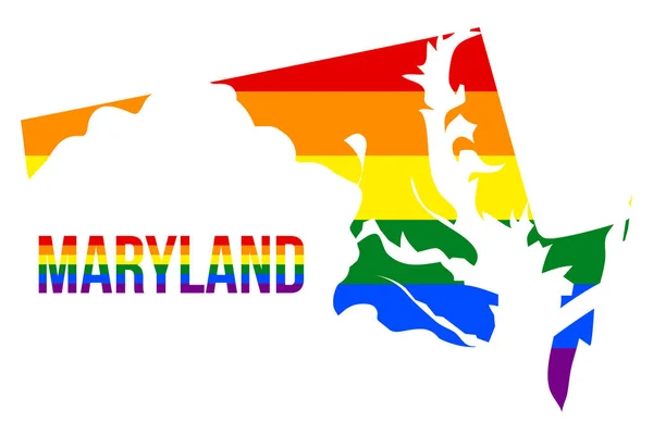 Maryland State Map in LGBT Rainbow Flag Compuesto por seis rayas con texto LGBT de Maryland — Archivo Imágenes Vectoriales