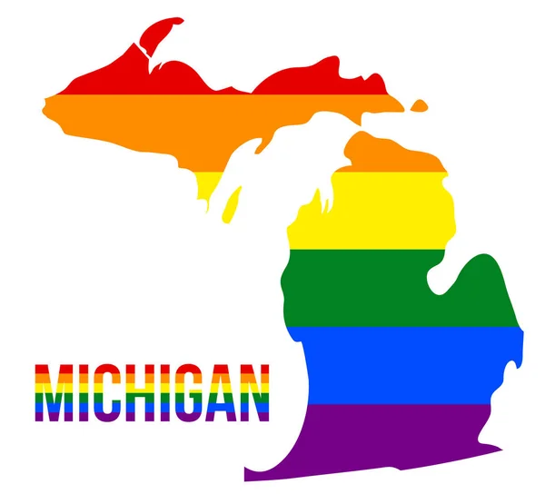 Michiganské státní mapy v LGBT duhový praporek zahrnoval šest proužků s Michiganskou LGBT text — Stockový vektor