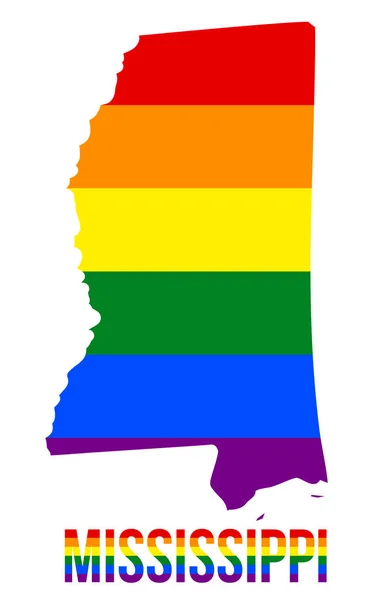 Mississippi Mapa stanu w LGBT Rainbow flag składa się sześć pasków z Missisipi tekst LGBT — Wektor stockowy