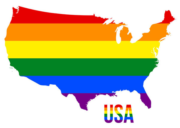 USA Map in LGBT Rainbow Flag Comprised Six Stripes With USA LGBT Text