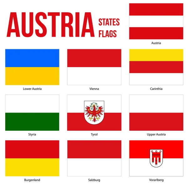 Rakousko všechny stavy příznaky vektorový obrázek na bílém pozadí. Všechny rakouské spolkové země — Stockový vektor
