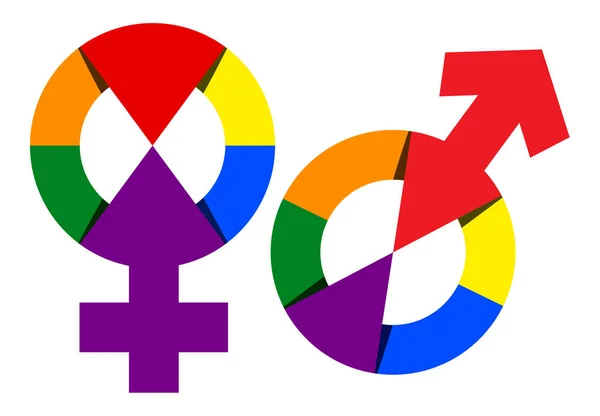 Nemek szimbólum Rainbow Color izolált illusztráció. Vector Rainbow férfi női nemi jel — Stock Vector