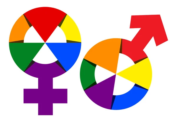 Gender-Symbol in Regenbogenfarbe isolierte Abbildung. Vektor Regenbogen männlich weiblich Geschlechtszeichen — Stockvektor