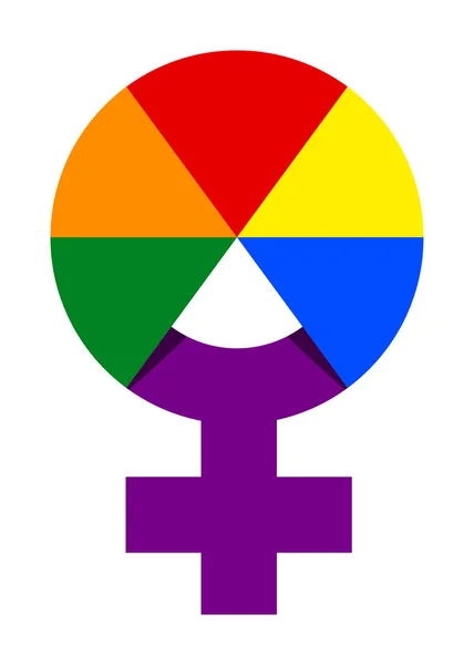 Ilustrace symbolu ženy v barvě duhové barvy. Značka pohlaví vektorové duhové ženy — Stockový vektor