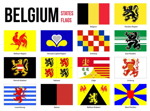 Bélgica Todas las regiones y provincias Bandera Vector Ilustración sobre fondo blanco. Banderas de Bélgica — Vector de stock