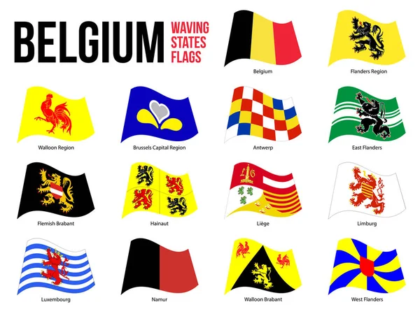 Bélgica All Region & Provinces Flag Waving Vector Illustration on White Background. Banderas de Bélgica — Vector de stock