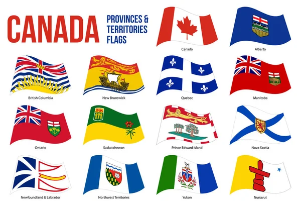 Kanada wszystkie prowincje & terytoria flaga Waving Vector na białym tle. Flagi Kanady — Wektor stockowy