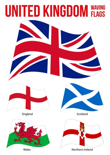 Storbritannien länder viftar flaggor samling. Englands flagga Nordirland, Wales & Skottland — Stock vektor