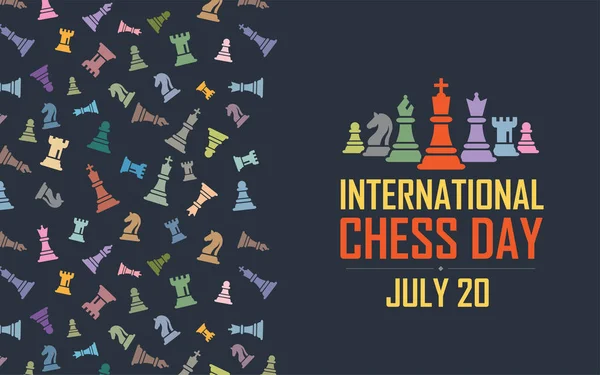 Uluslararası Satranç Günü Vektör İllüstrasyon Karanlık Arka Plan. Kral Kraliçe Piskopos Şövalye Kale Piyon