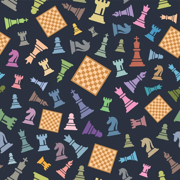 Koyu Mavi Üzerinde Dikişsiz Satranç Vektör Deseni. Renkli Satranç Figürleri Vektör İllüstrasyonu.