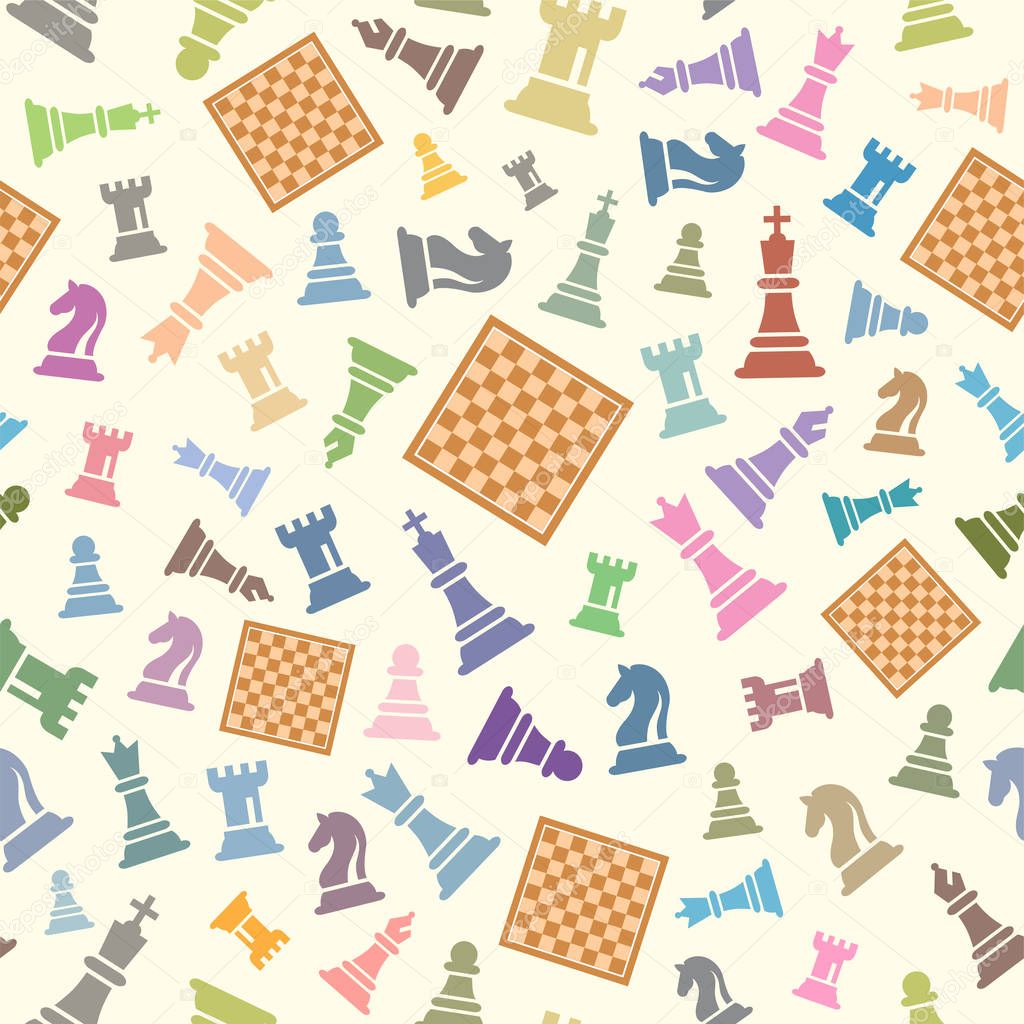 Seamless Chess vector pattern on Light Background. Colorful Chess Figures Vector Illustration.