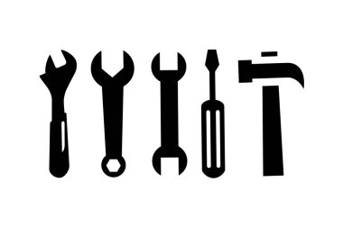 Anahtar, Spanner, Tornavida ve Çekiç Simgesi Düz Stil Uygulama, Ui, Web Siteleri için. Siyah Vektör Simgesi