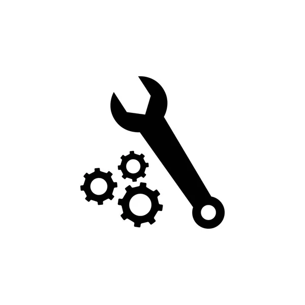 Icono de engranaje y llave inglesa en estilo plano para aplicaciones, interfaz de usuario, sitios web. Icono negro Vector Ilustración . — Archivo Imágenes Vectoriales