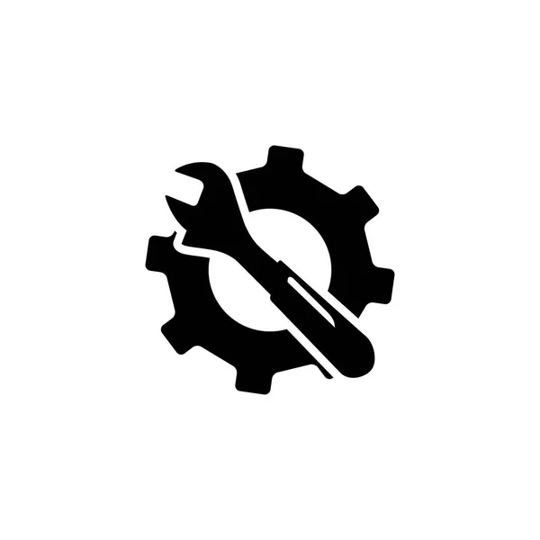Icono de herramientas de servicio en estilo plano para aplicaciones, interfaz de usuario, sitios web. Rueda de engranaje y martillo Vector Icono Negro — Archivo Imágenes Vectoriales