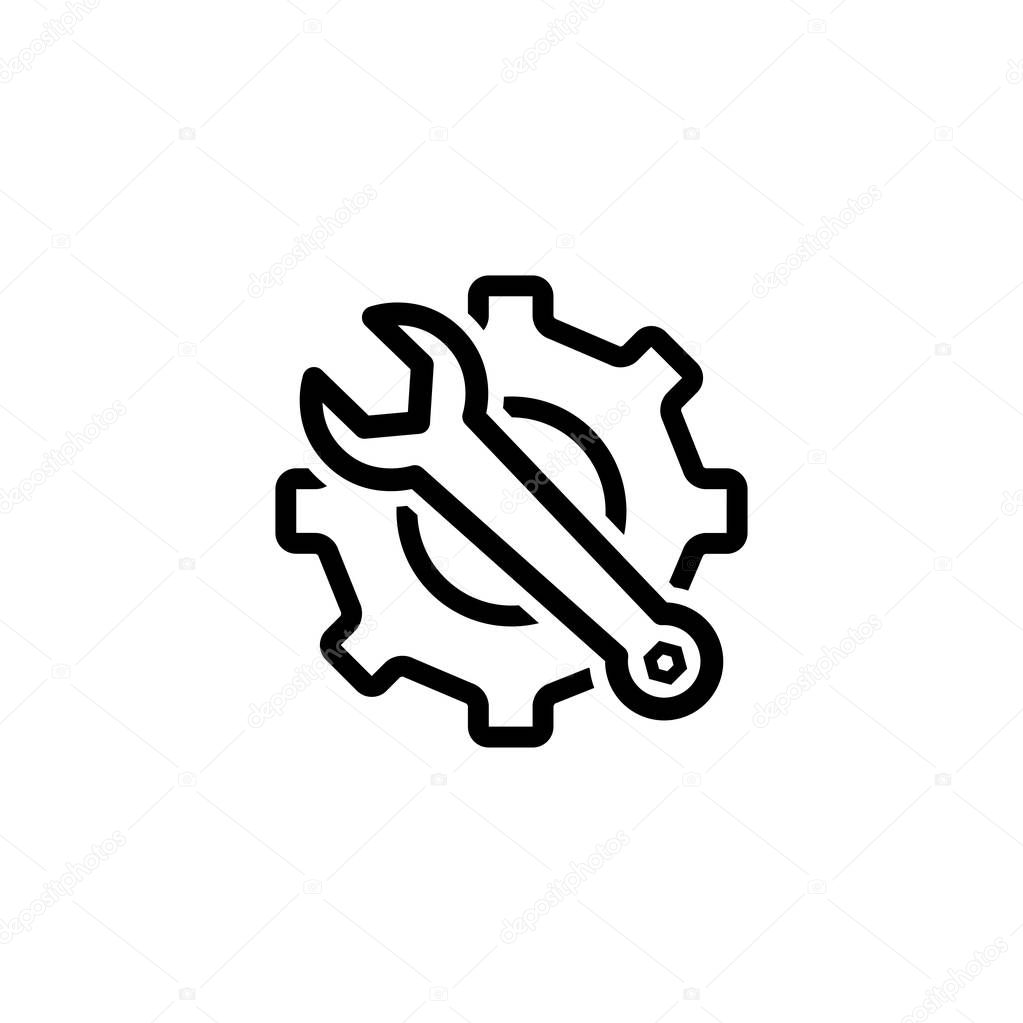Service Tools Line Icon In Flat Style For App, UI, Websites. Gear Wheel & Hammer Vector Black Icon