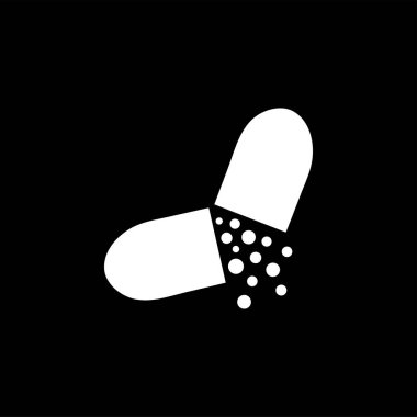 Siyah arka plan üzerinde kapsül simgesi. Siyah Düz Stil Vektör İllüstrasyon