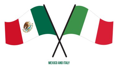 Meksika ve İtalya Bayrakları Çapraz ve Sallanan Düz Stil. Resmi Orantı. Renkleri Düzelt.