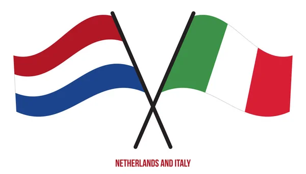 Banderas Los Países Bajos Italia Cruzadas Ondeando Estilo Plano Proporción — Vector de stock