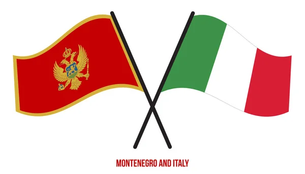 Montenegro Italia Banderas Cruzadas Ondeando Estilo Plano Proporción Oficial Colores — Vector de stock