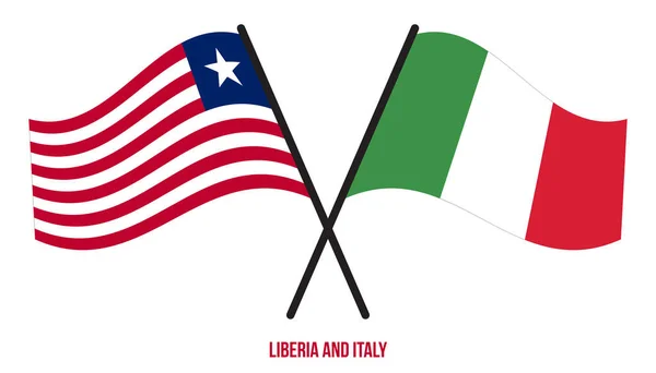Libéria Italie Drapeaux Croisés Agitant Style Plat Proportion Officielle Couleurs — Image vectorielle