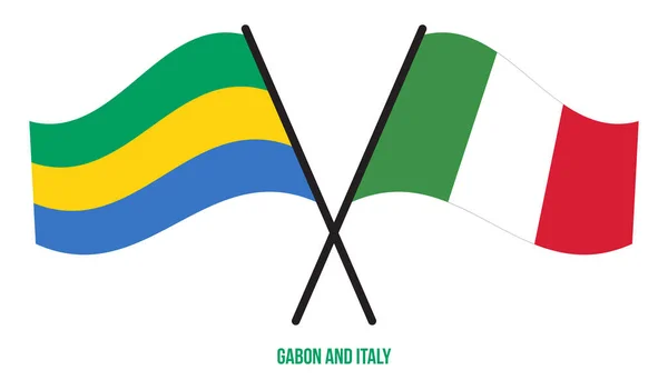 Gabón Italia Banderas Cruzadas Ondeando Estilo Plano Proporción Oficial Colores — Vector de stock