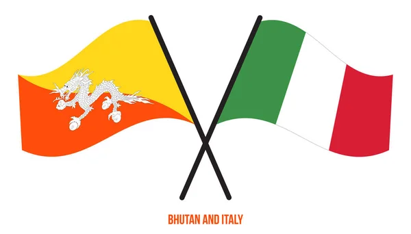 Banderas Bután Italia Cruzadas Ondeando Estilo Plano Proporción Oficial Colores — Vector de stock
